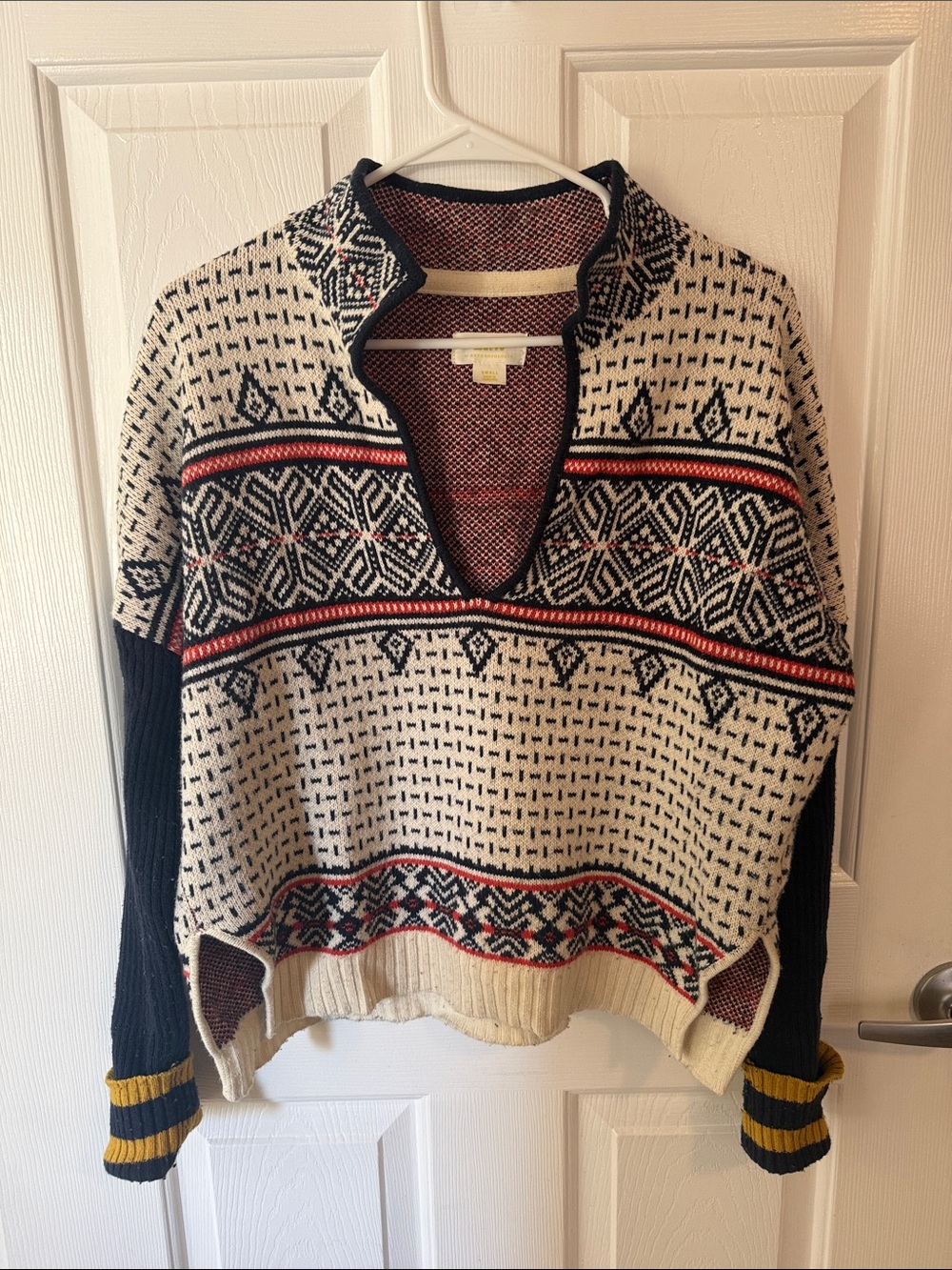Anthropologie Cream, Navy & Red Patterned V-Neck Sweater